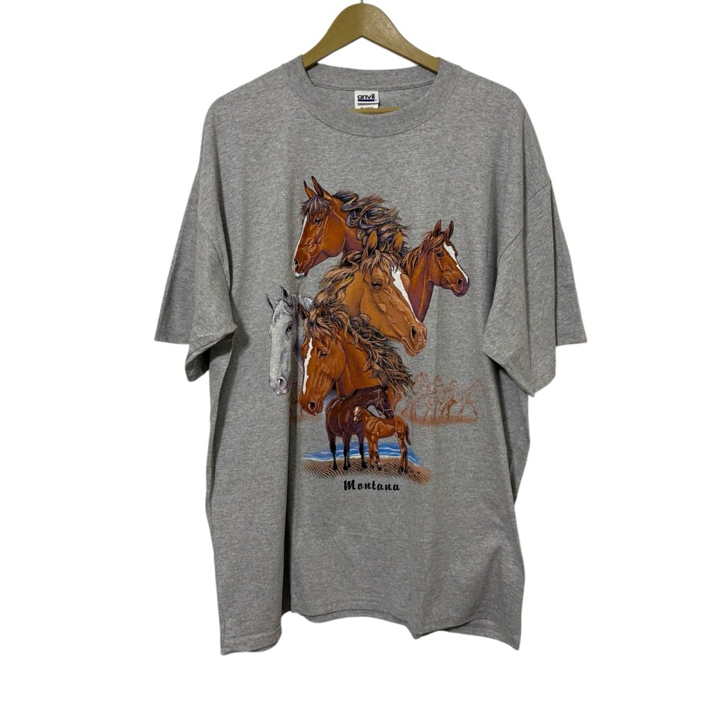 Vintage Anvil Men’s Size 2X Montana Gray Horse Graphic Tee Shirt Western Classic